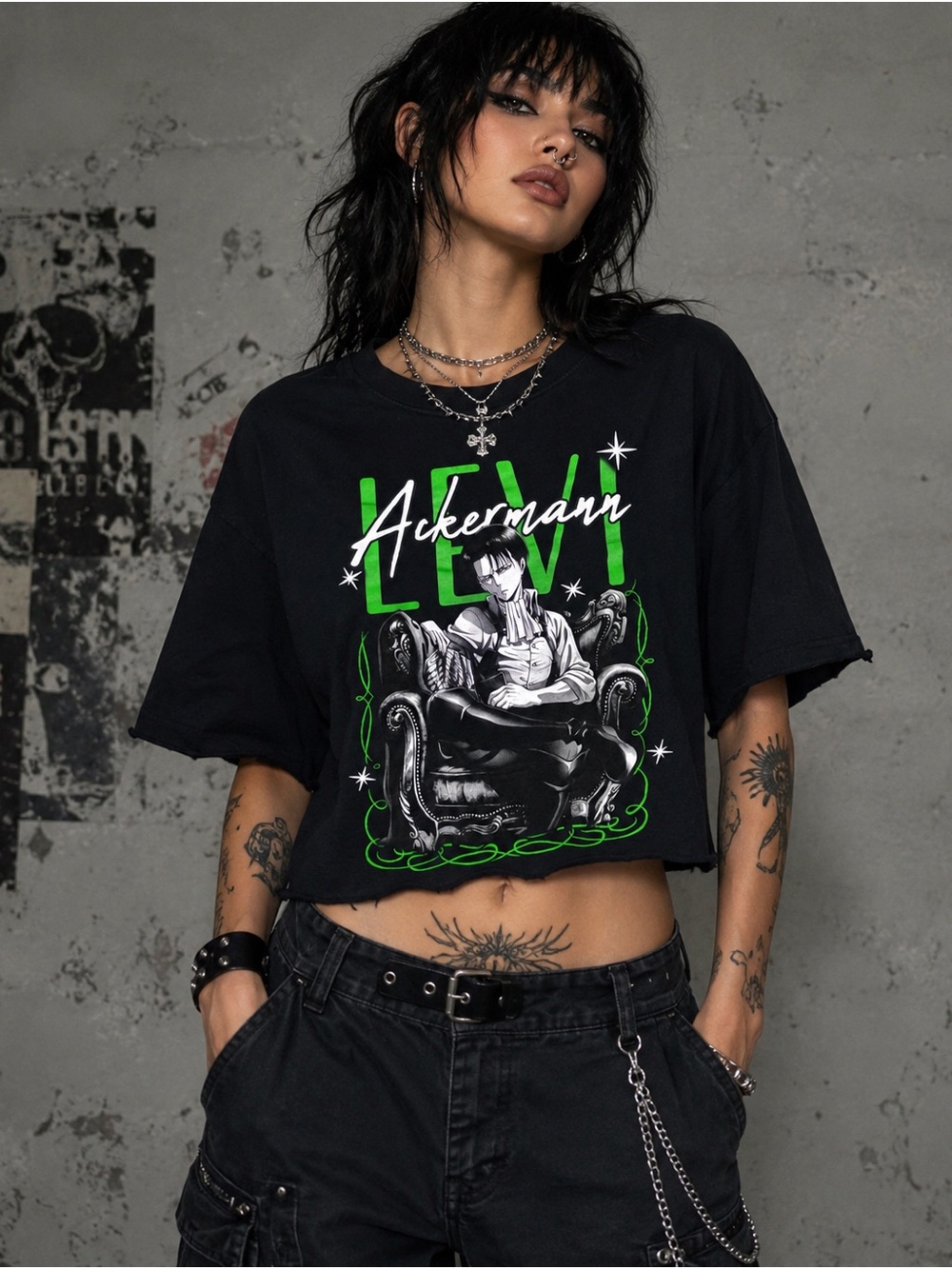 Attack on Titan Levi Ackerman Raw Hem Cropped Graphic T Shirt Black 3XL